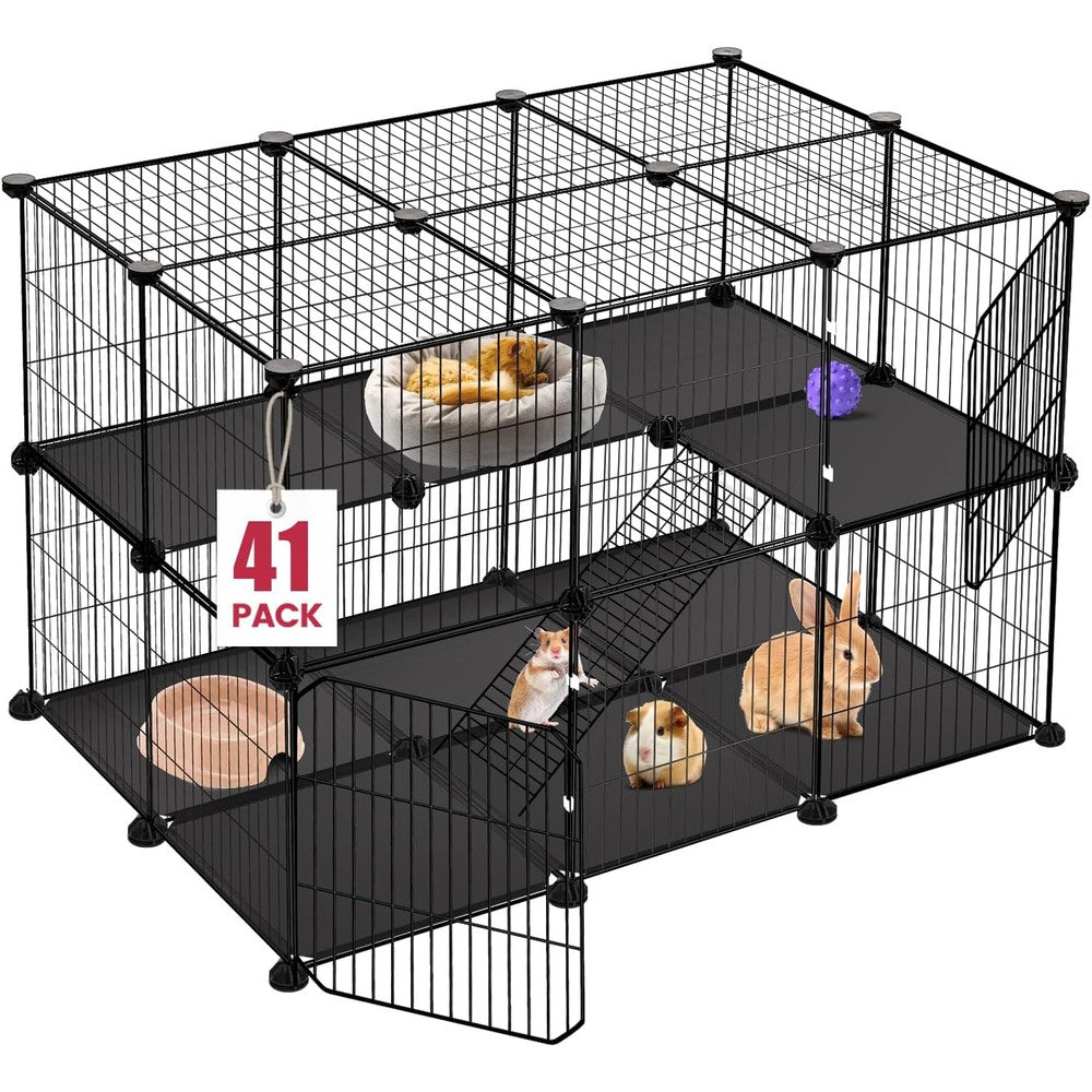 VISCOO 41 Panels Pet Playpen, 35.4" L x 23.6" W x 23.6" H Small Animal Playpen with 2 Doors, C&C Cage for Guinea Pigs,Rabbit,Bunny,Hedgehogs, Puppy Play Pen Indoor Outdoor, Two-Story Chicken Play Pen