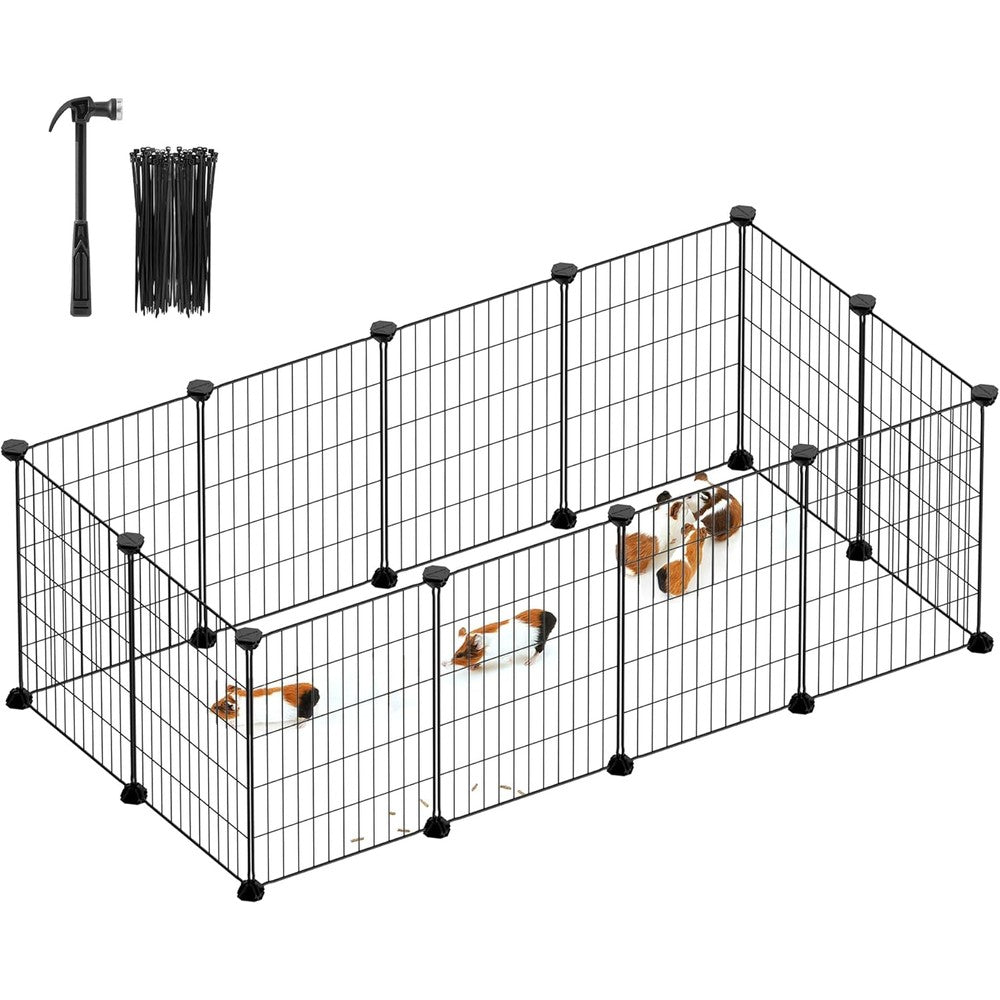SONGMICS Pet Playpen, Small Animal Cage, Pet Fence with Cable Ties, DIY Metal Enclosure for Guinea Pigs, Hamsters, Rabbits, Hedgehogs, Black ULPI001B01