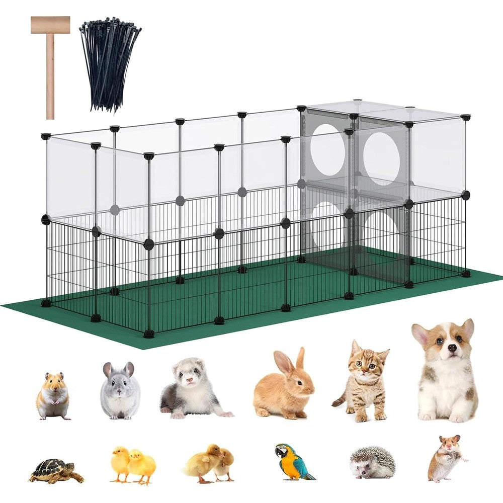 DINMO Small Animal Playpen with Oxford Mat, 24 inches Height, Pet Exercise Fence, Home Protector, Iron Mesh and Plastic Combination, Visualization, DIY, Games Hole Series, 60.2 x 24.8 x 24.8inch