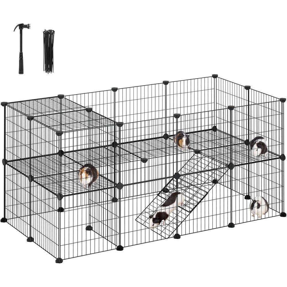 SONGMICS 36 Panels Pet Playpen, Small Animal Playpen, Rabbit Guinea Pig Cage, Zip Ties Included, Metal Wire Apartment-Style Two-Story Pet Premium Villa for Bunnies Puppies,Indoor Use, Black ULPI002B01