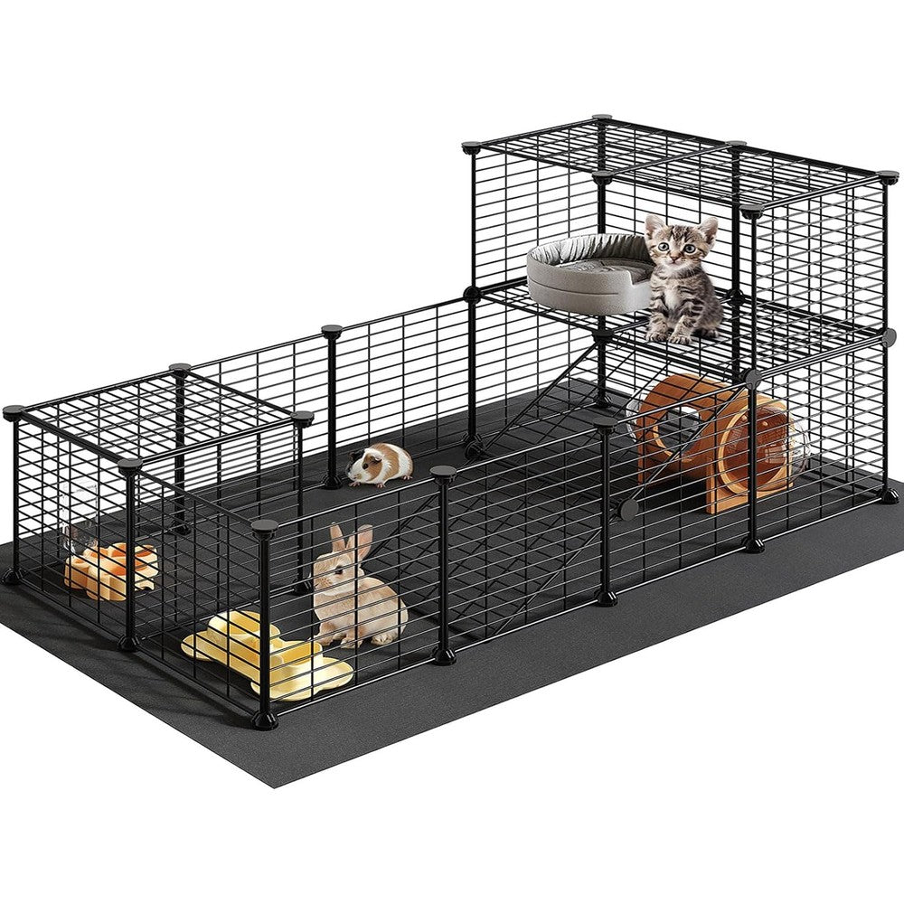 HOOBRO 24 Panels Guinea Pig Cage with Waterproof Mat and Ramp, 57" x 31.5" x 23.6" Loft Design Small Animal Playpen, Rabbit Cage, Bunny Cage, Pet Playpen, Indoor Outdoor Yard Fence, Black BK03PP03