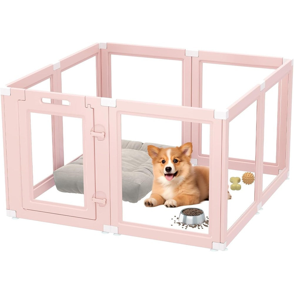 DIY Clear Acrylic Dog Playpen Indoor, Transparent Easy Cleansing Puppy Fence with Suction Cup, Easy-Assemble Indoor Whelping Crate for Small Puppies (23.6" H, 8PCS), Pink
