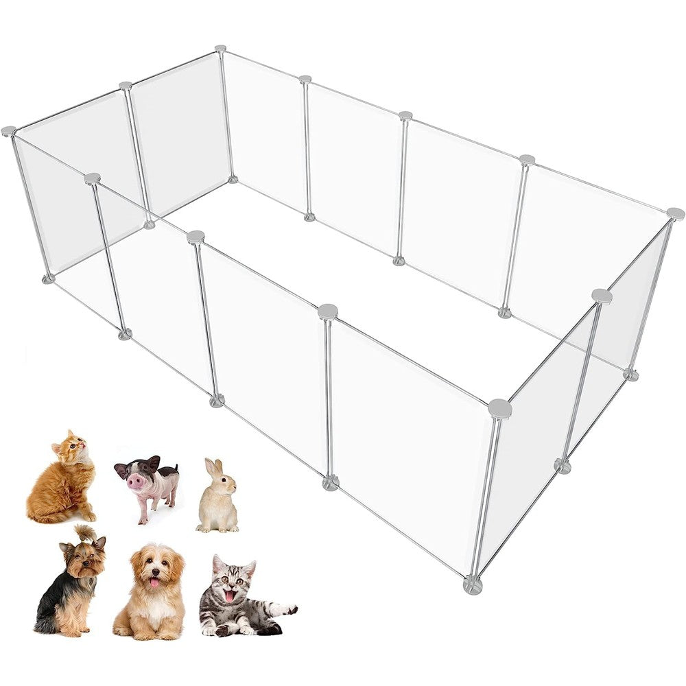 Homicker pet playpen front view showing 12 transparent panels