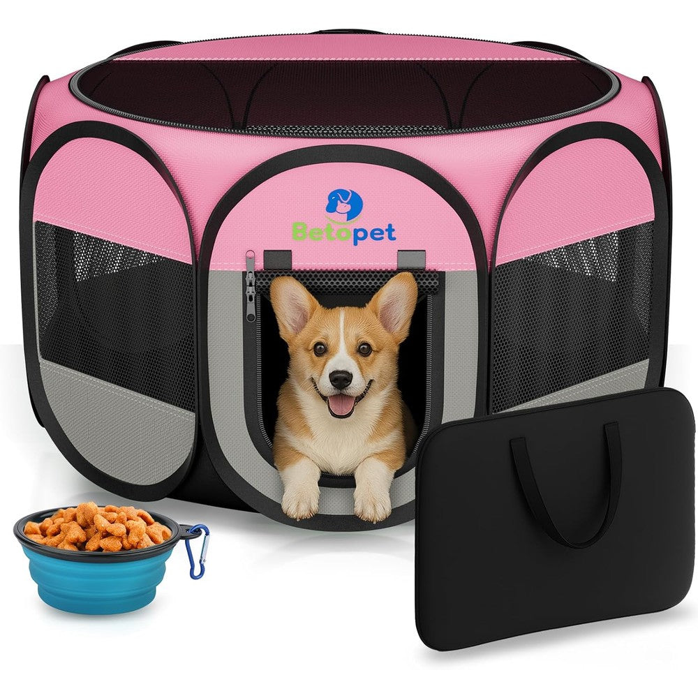 Playpen for Small Dogs Cats Crate: Puppy Play Pen Indoor Outdoor Foldable Potable Exercise Cage Pop up Kennel for Guinea Pig Rabbits Hamster Travel with Carrying Case & Food Bowl (Pink, M, 1)