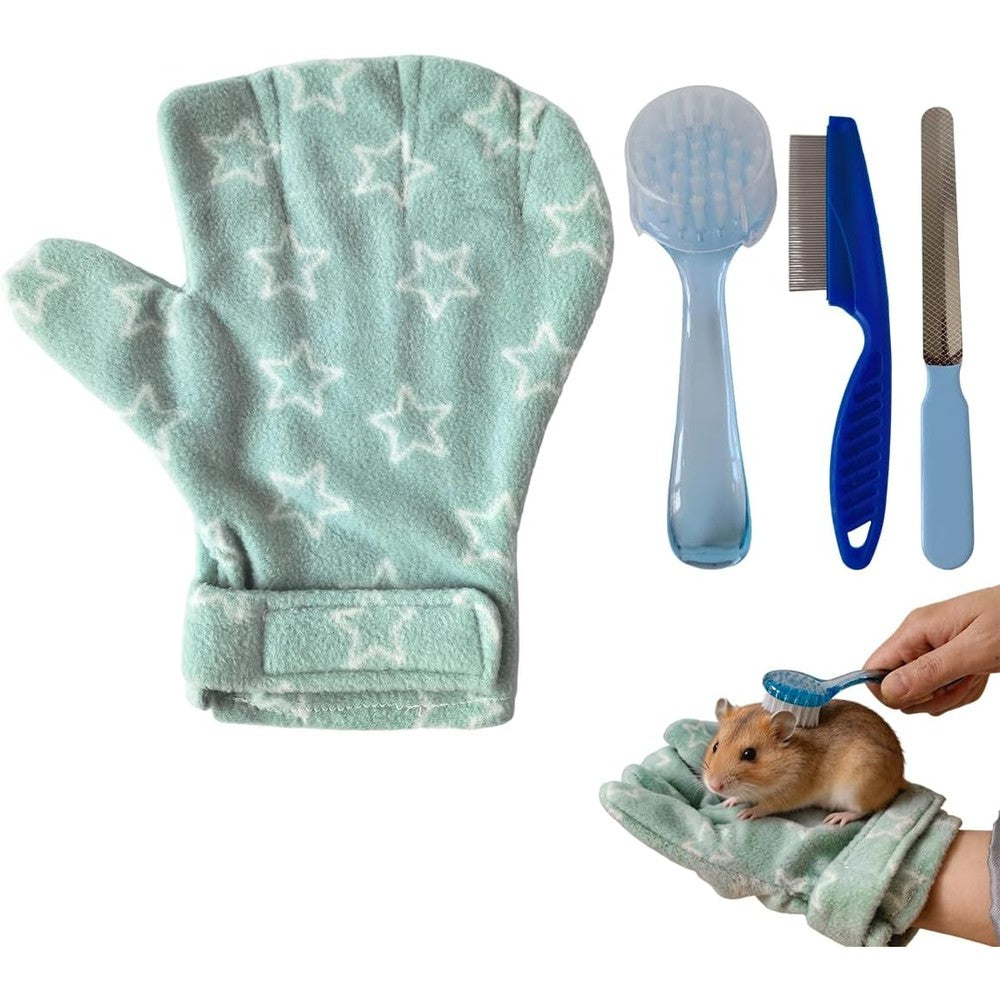 PurrrfectionPet 4 Piece Hamster Bite Proof Glove Set Includes Soft Bathing Brush Metal Fine Tooth Comb And Nail File Safe Grooming Kit For Small An...