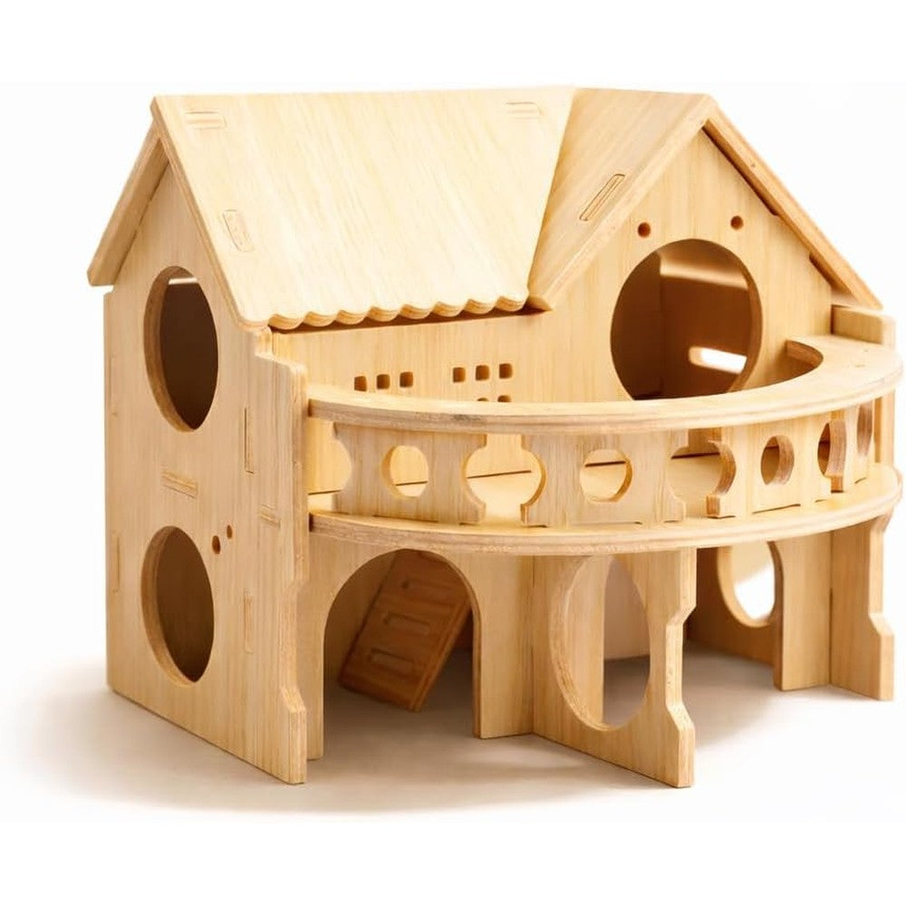 Improved Safety Large Balcony Small & Cute Wooden Hamster House with Large Balcony - Double-Decker Forest-Style Hut for Dwarf Hamsters, Mice, Gerbils, Rats & Small Pets (Compact Size Only)
