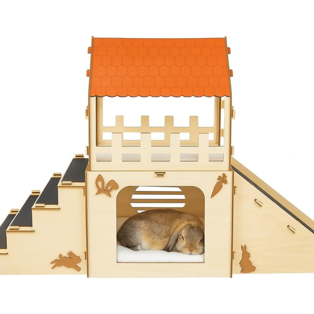 OtterPets Extra Large Bunny Hideout, Cozy Rabbit Castle with Fleece Mats, Wooden Rabbit Hideout, Bunny House Indoor Indoor, Chinchilla, Guinea Pig House (Pet Safe Wood Joints)