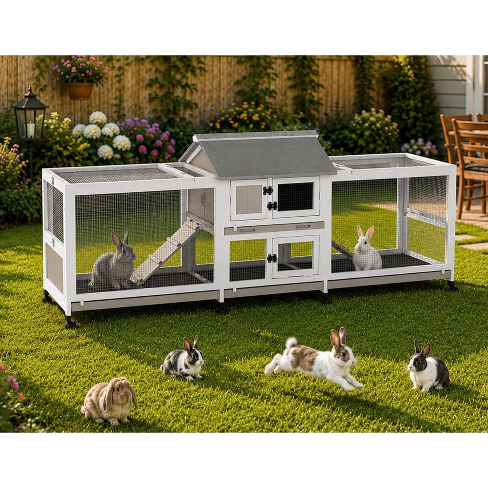 Extra Large 2-Story Rabbit Hutch Indoor and Outdoor with Dual Run Areas for 2-6 Rabbits & Guinea Pig, Wooden Bunny Hutch with 4 Pull-Out Trays, 2 Chew-Proof Ramps, Asphalt Roof, 8 Lockable Wheels