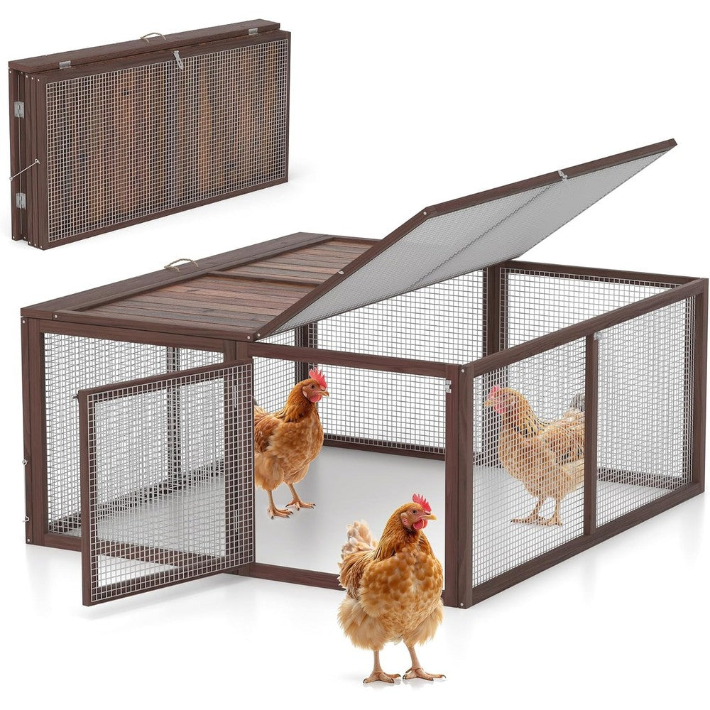 Chicken Coop, Wooden Rabbit Hutch Outdoor Indoor Folding Bunny Cage with Handle Portable Chicken Run with Top & Side Opening Doors Small Animal Playpen No Assembly Pet Poultry Cage for Bunny(Brown)