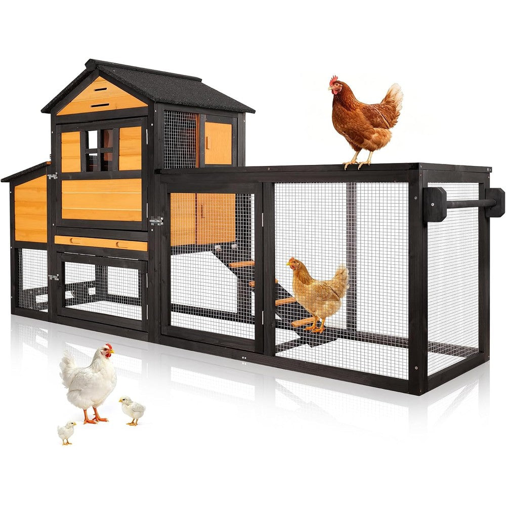 Chicken Coop with Run for 4-6 Chickens, Outdoor Mobile Hen House with Wheels, Easy Clean Nesting Box and Tray, Waterproof Asphalt Roof, Better Airflow, Wooden Poultry Cage, Brown, 81.5"x25.6"x44.1"