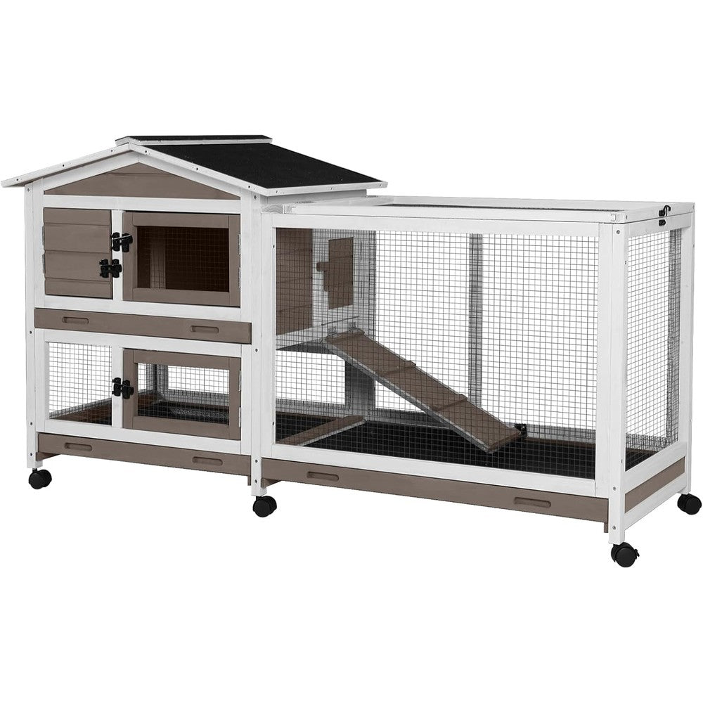 Aivituvin Rabbit Hutch 62" Rabbit Cage Indoor Outdoor Chicken Coop Guinea Pig Cage on Wheels Bunny Cage with 3 Deep No Leakage Pull Out Tray,Waterproof Roof (Brown)