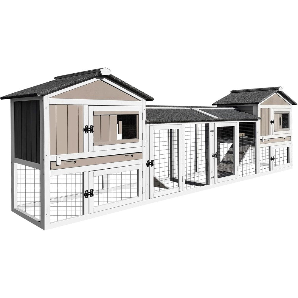PetsCosset 114" L Rabbit Hutch Indoor and Outdoor 2-Story Rabbit Cage with Pull Out Tray,Fir Wood Guinea Pig Cages with Wooden Ramp,Waterproof Bunny Cage Indoor Bunny Hutch with 2 Asphalt Roofs,Grey