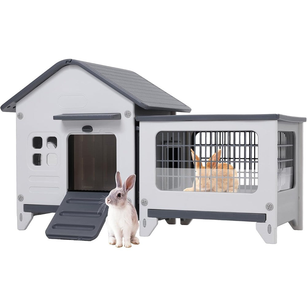 Rabbit Hutch Indoor & Outdoor with Extended Play Area, Plastic Rabbit Hutch with Sloped Roof Drainage, Panoramic Windows, Urine Barrier & Pull-Out Tray, Rabbit Cage with Run Easy to Clean and Assemble