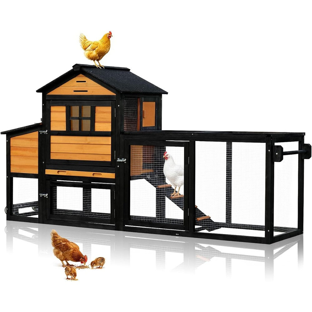 Chicken Coop with Wheels for 4-6 Chickens, Mobile Hen House with Run, Outdoor Chicken Coop, Ventilated Window, Easy-Clean Nesting Box, Weatherproof Asphalt Roof, 82.7" L x 25.6" W x 44.1" H, Brown