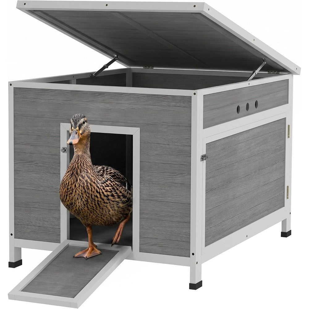 PawHut Duck Coop, Wooden Chicken House Rabbit Hutch with Openable Roof, Removable Floor, Double Doors, Ramp, Duck House for 3-6 Chickens, Geese, 30" x 38" x 30"