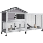 GarveeLife Rabbit Hutch with Weatherproof Asphalt Roof, Bunny Hutch with Wheels & Pull-Out Tray, Rabbit Cage Guinea Pig Cages for Small to Medium Animals, Indoor Outdoor Use, Grey