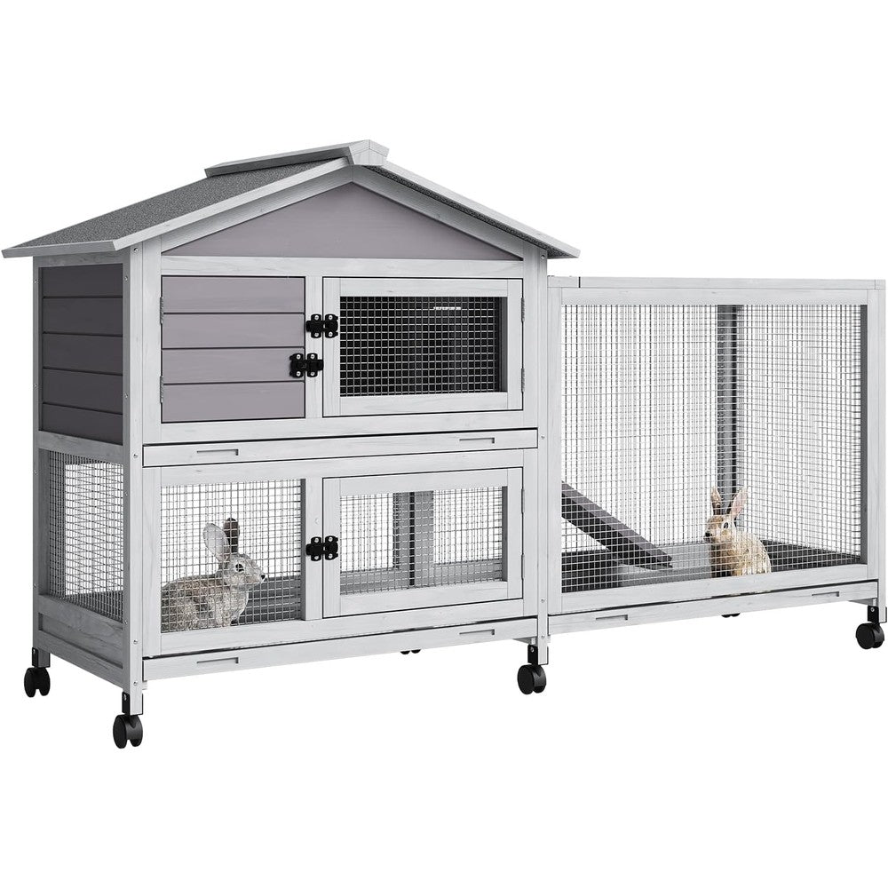 GarveeLife Rabbit Hutch with Weatherproof Asphalt Roof, Bunny Hutch with Wheels & Pull-Out Tray, Rabbit Cage Guinea Pig Cages for Small to Medium Animals, Indoor Outdoor Use, Grey