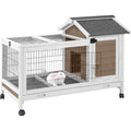 Wooden Rabbit Hutch Indoor and Outdoor, Rabbit Cage with Removable Wire Netting and Leak Proof Tray, Mobile Bunny Cage with Wheels (Brown)