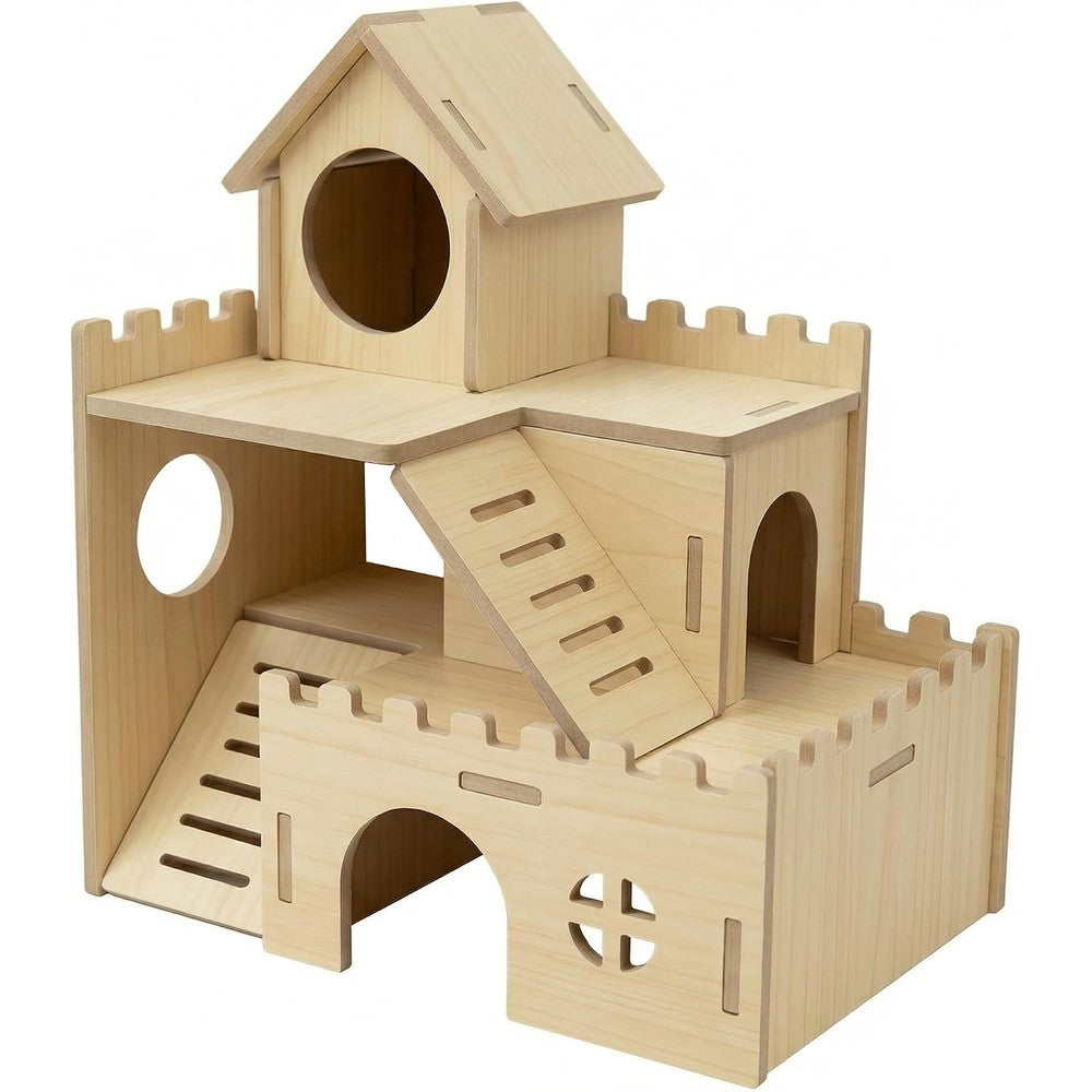3-Tier Wooden Hamster Hideout, Syrian Hamster House with Ramps & Entrances, for Dwarf Hamsters, Gerbils (Not for Guinea Pigs)