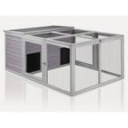Medehoo chicken coop front view showing dual living houses and wire mesh.