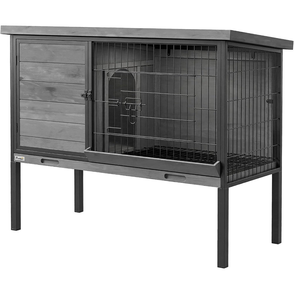 PawHut Elevated Rabbit Hutch with Pull-Out Tray, Wooden Bunny House Rabbit Cage for Outdoor Indoor Use, Openable Plastic Roof, Light Gray