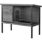 PawHut Elevated Rabbit Hutch with Pull-Out Tray, Wooden Bunny House Rabbit Cage for Outdoor Indoor Use, Openable Plastic Roof, Light Gray