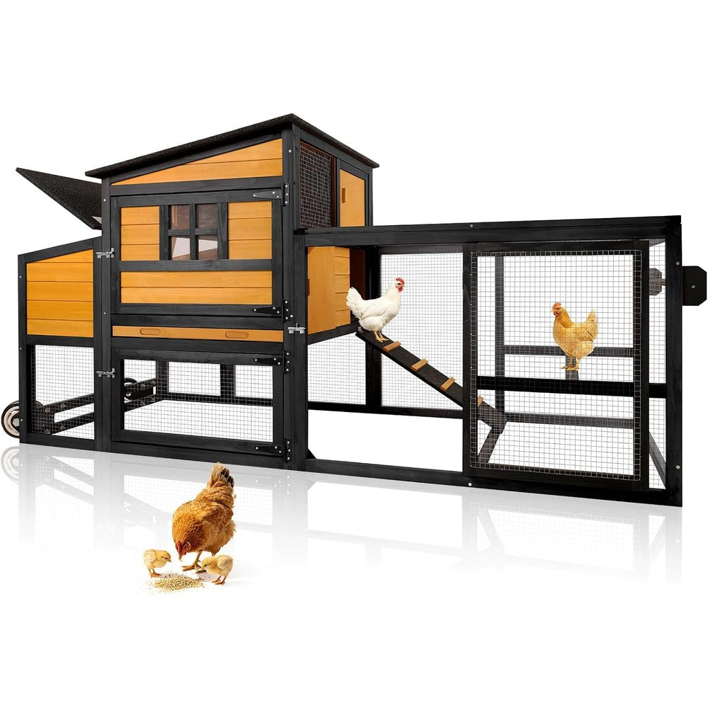 Portable Chicken Coop Poultry Cage with Wheels, Wooden Chicken Coop for 4-8 Chickens, Nesting Box, Pull-Out Tray, Ventilated Windows, Asphalt Weatherproof Roof, 83.3" L x 31.1" W x 41.6" H, Yellow