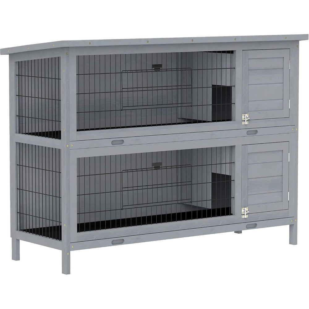 PawHut 54" 2-Story Large Rabbit Hutch Bunny Cage Wooden Pet House Small Animal Habitat with Lockable Doors, No Leak Tray and Waterproof Roof for Outdoor/Indoor Grey