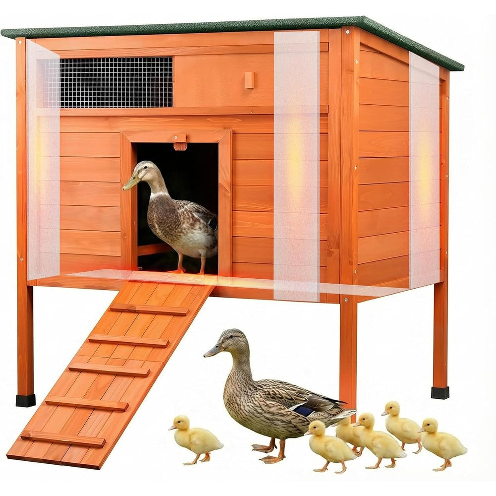 Insulated Duck Coop Warm Duck House for Outside Wooden Duck House with Larger Windows, Chicken coop with Perches, Ramp, Openable Roof
