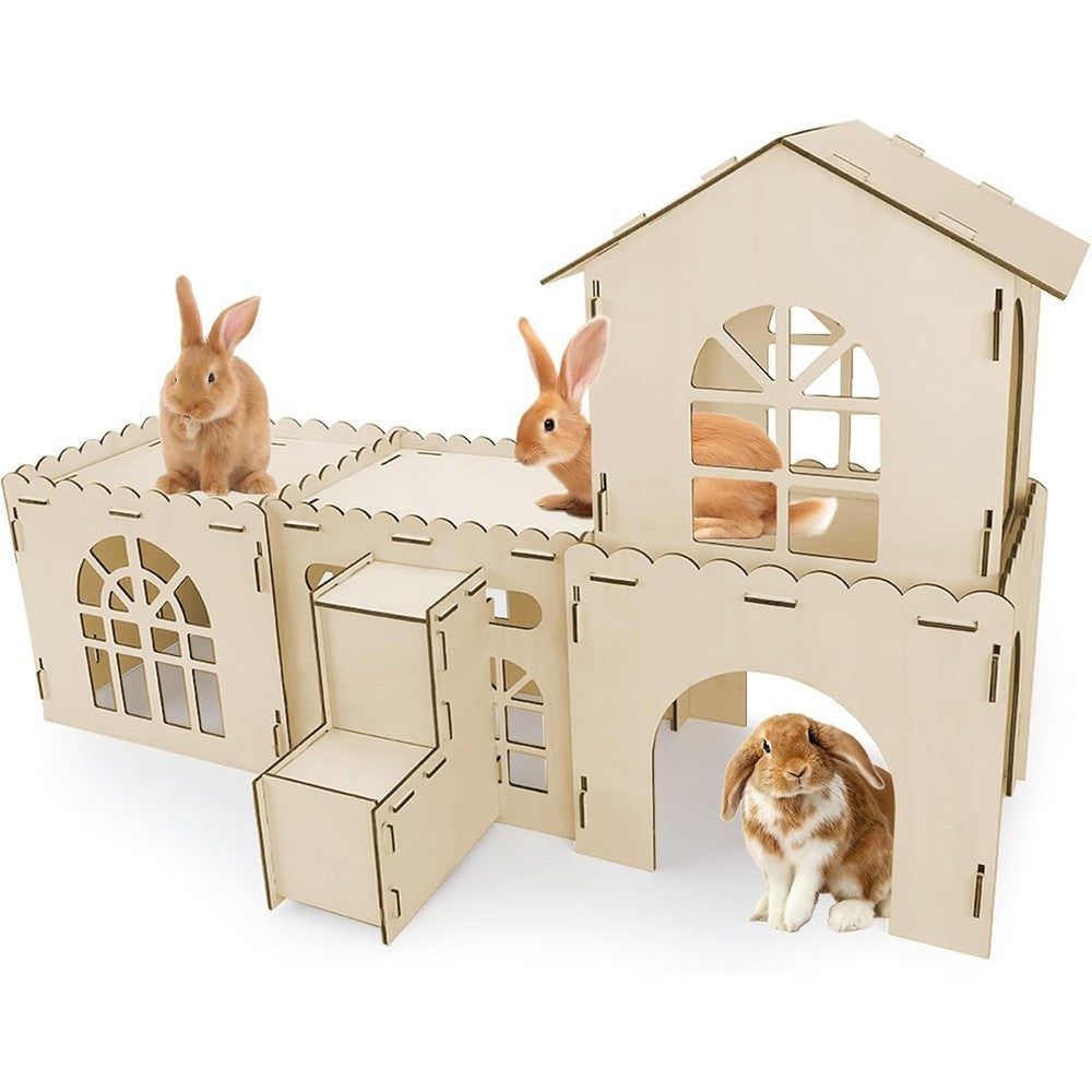 YUEPET Extra Large Wooden Bunny Castle, Ventilated Rabbit Castle Hideaway with Stairs, Detachable Small Animal Hideout & Habitats for Indoor Outdoor Dwarf Rabbits Bunnies to Hide & Play