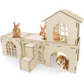 YUEPET Extra Large Wooden Bunny Castle, Ventilated Rabbit Castle Hideaway with Stairs, Detachable Small Animal Hideout & Habitats for Indoor Outdoor Dwarf Rabbits Bunnies to Hide & Play