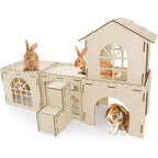 YUEPET Extra Large Wooden Bunny Castle, Ventilated Rabbit Castle Hideaway with Stairs, Detachable Small Animal Hideout & Habitats for Indoor Outdoor Dwarf Rabbits Bunnies to Hide & Play
