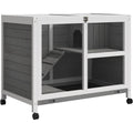PawHut wooden rabbit hutch front view with gray finish and wheels