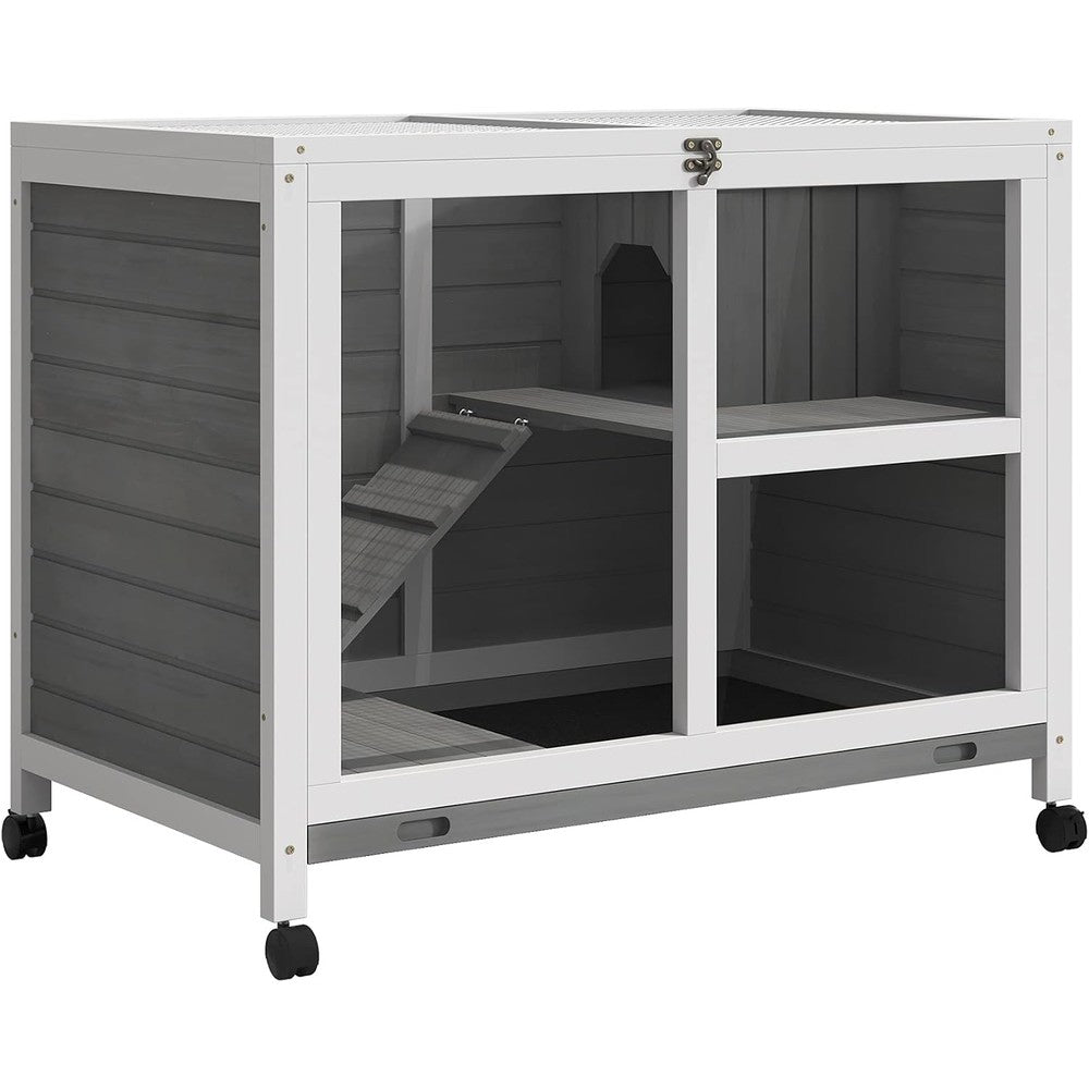 PawHut wooden rabbit hutch front view with gray finish and wheels