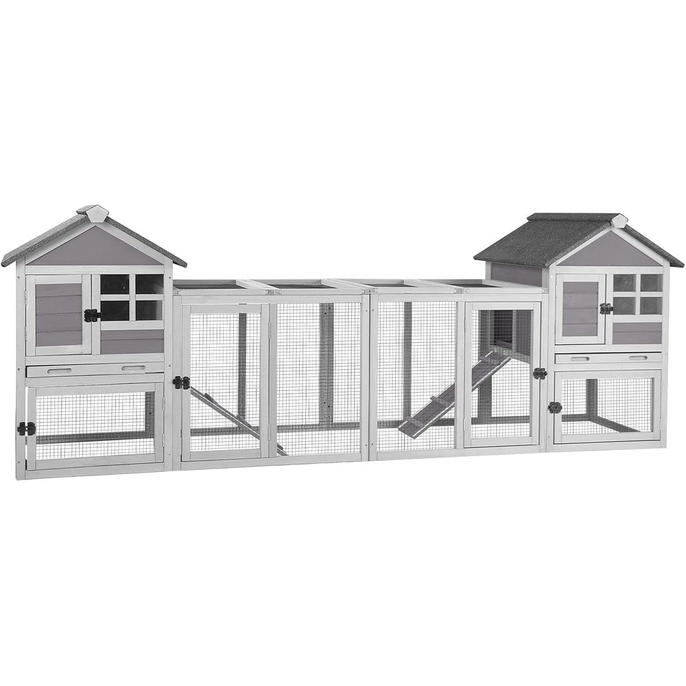 Aivituvin Rabbit Hutch Indoor Bunny Cage Outdoor with Run Chicken Coop Guinea Pig House with Waterproof Asphalt Roof,No Leakage Pull Out Tray (103.2" L x 25.2" W x 36.2" H, Grey-2 Sets)