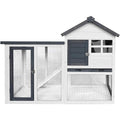BIRASIL wood rabbit hutch front view showing two levels and gray finish
