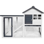 BIRASIL wood rabbit hutch front view showing two levels and gray finish