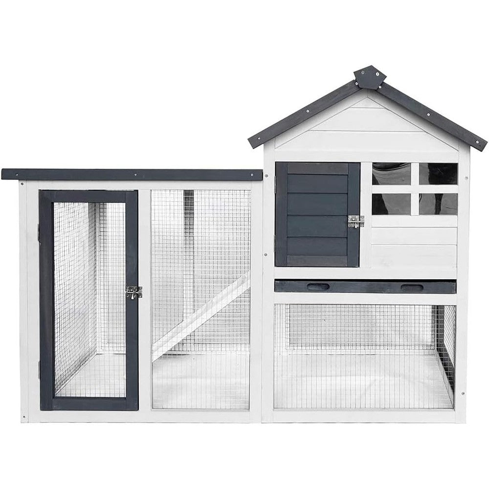 BIRASIL wood rabbit hutch front view showing two levels and gray finish