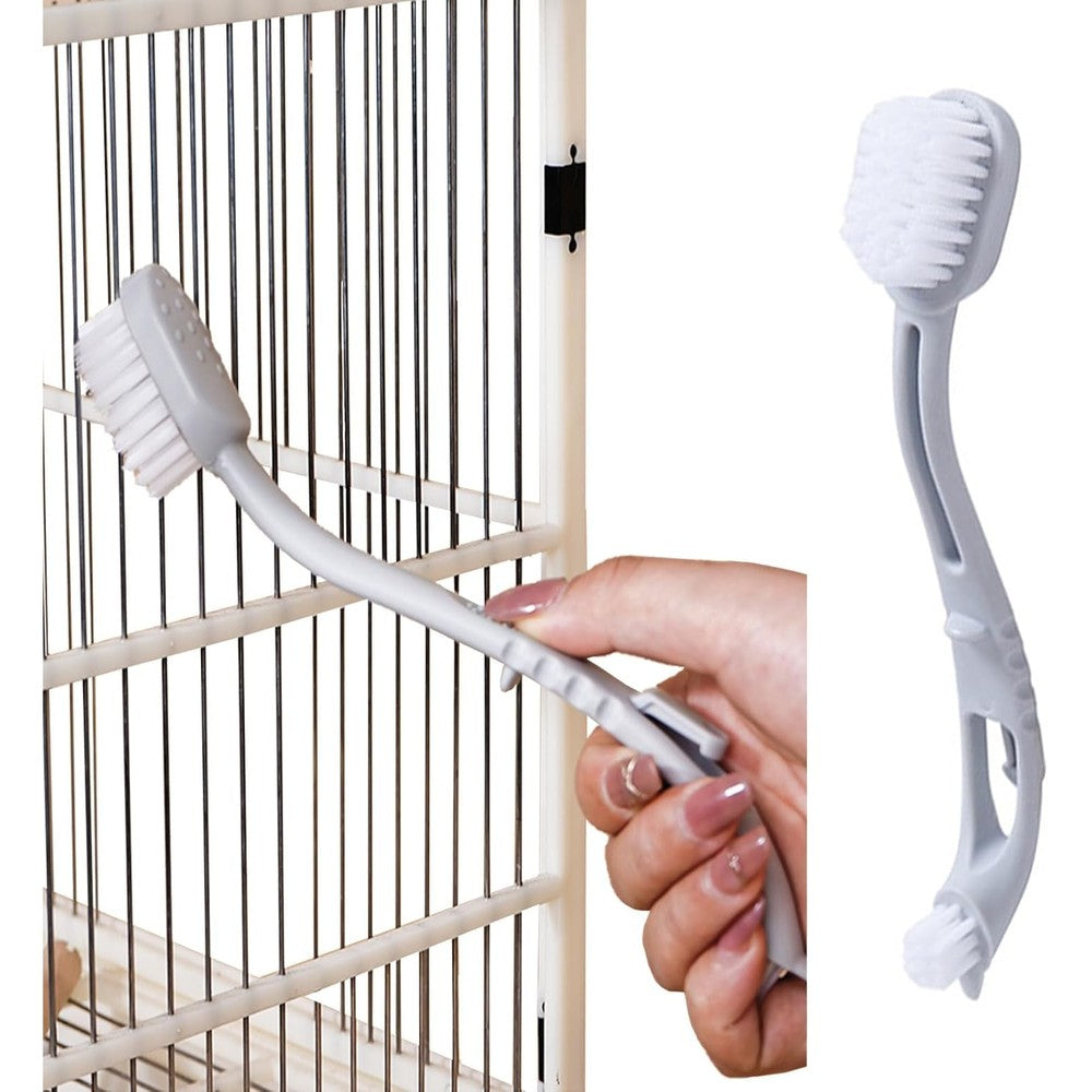 MANON ROSA Bird Cage Cleaner With Two Brush Heads And Long Handle Tool For Cleaning Bird Parrot Cages Kennels And Perches Grey Color - Image 1