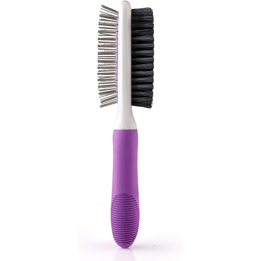 Poodlie double sided pet grooming brush front view showing purple handle