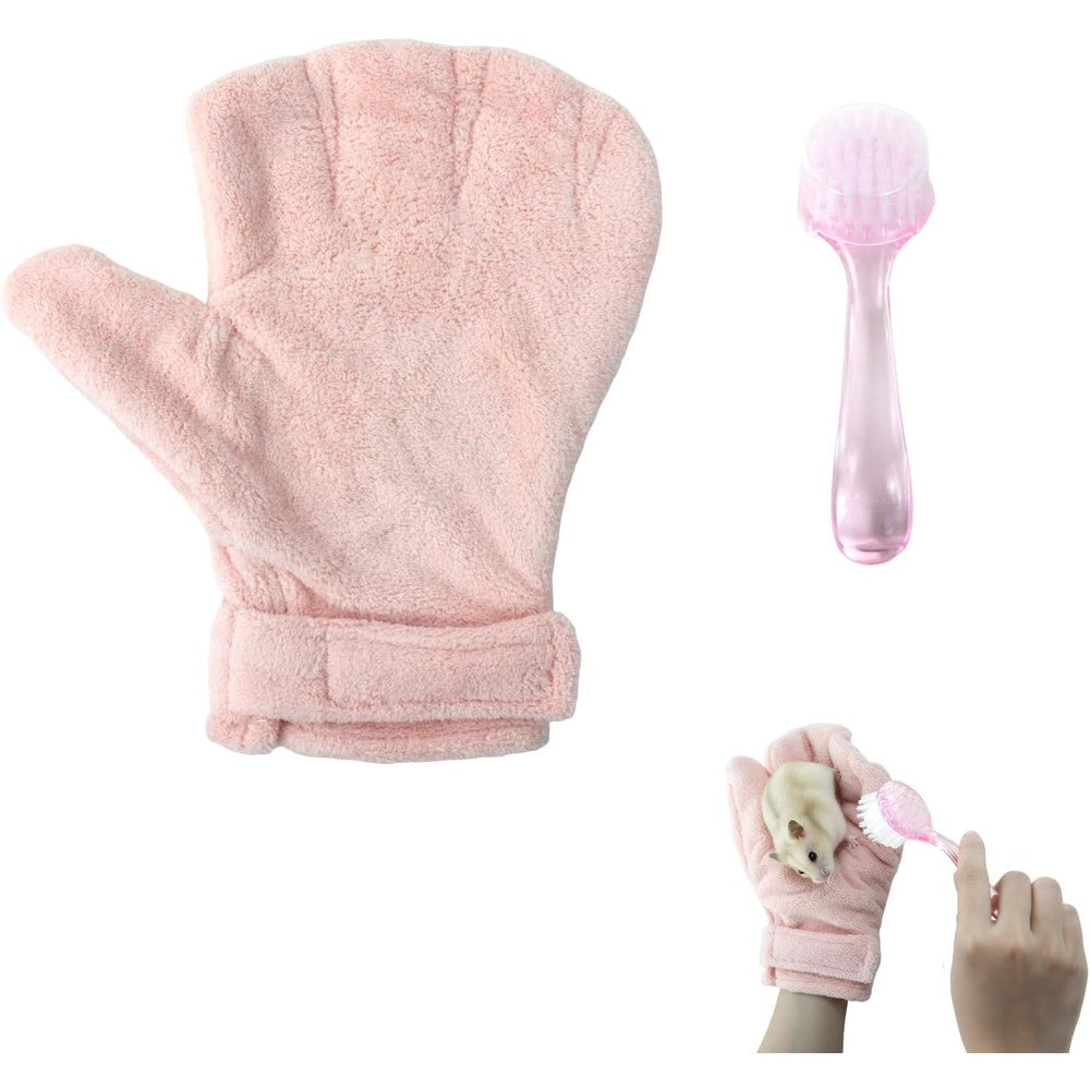 NZELSW Hamster Bite Proof Glove And Grooming Brush Set Adjustable Coral Fleece Pet Handling Gloves And Soft Cleansing Massage Combs Pink