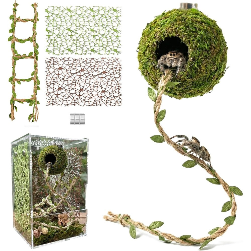 Magnetic Jumping Spider Hideout,Habitat Dcor Kit - Handmade Moss Hideout with Climbing Rope,Hemp Rope Bridge,2Pcs Climbing Web& Loose Moss,Fun Enclosure Accessories for Climbing & Hiding (4.5cm)