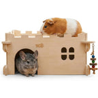 Castle Chinchilla House, Small Animal Hideout for Chinchilla, Guinea Pig, Hedgehog, or Rat, Ventilated Wooden Guinea Pig Hut Habitat with Multiple Doors (Large)