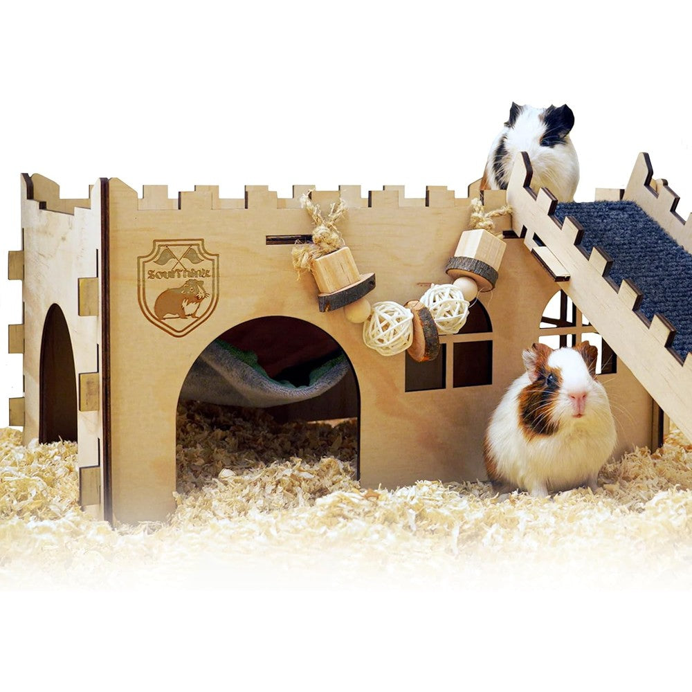 SoulThink(R) Large Guinea Pig Hideout & House - Easy to Assemble Wooden Guinea Pig Castle with Hammock, Ramp and Toys Accessories Habitat Suitable for Hamsters and Chinchilla