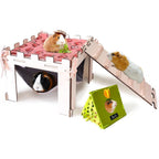 Acsist Large Wooden Guinea Pig Hideout With Detachable Hanging Hammock Climbing Stairs And Cozy Fleece Mats Multi Level Small Animal Castle