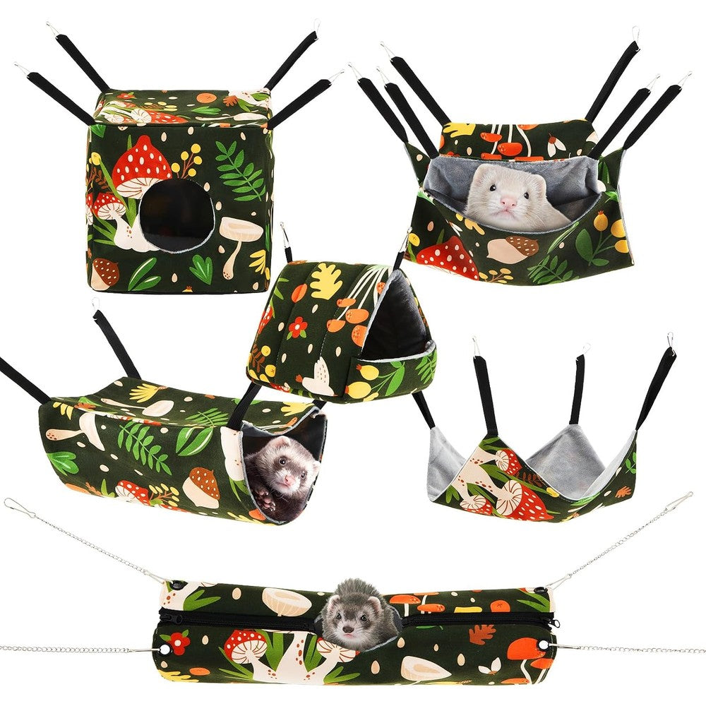 Yeyeplum 6 Pack Small Animal Hammock Set With Hanging Hideout Tunnel Bed For Ferret Guinea Pig Rat And Hamster Cozy Washable Cage Accessories