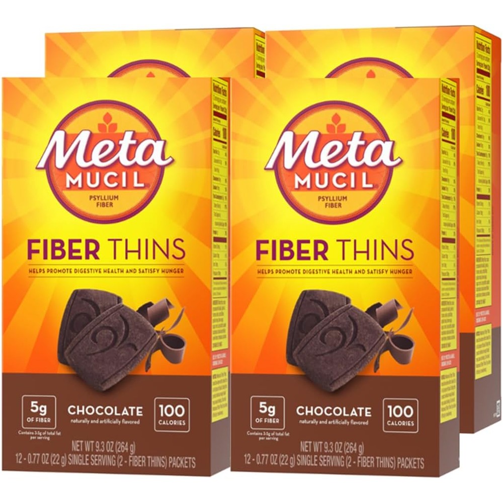 Metamucil, Fiber Thins, Daily Psyllium Husk Fiber Supplement, Supports Digestive Health and Satisfies Hunger, Chocolate Flavor, 48 Total Servings (4 Packs of 12)