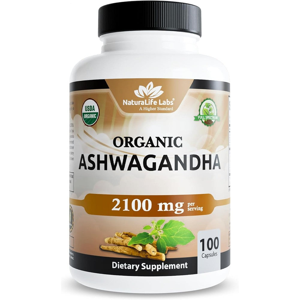 NaturaLife Labs Organic Ashwagandha 2100 mg per Serving - Full Spectrum Root Powder and Standardized Extract (Withanolides) - 100 Capsules - Vegan - Non-GMO, Gluten-Free