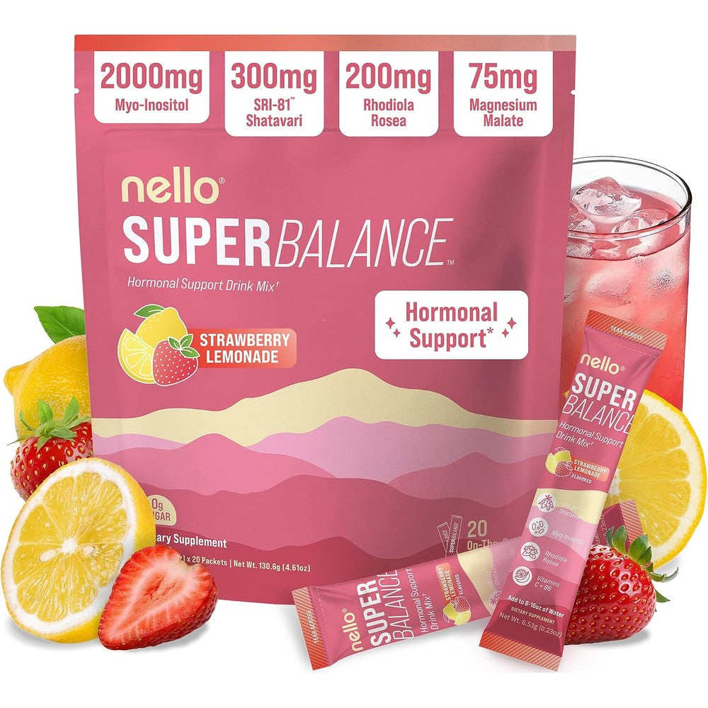 Nello Superbalance Hormonal Support Drink Mix, SRI-81 Shatavari, Myo-Inositol, Rhodiola Rosea, Vitamin C, Magnesium, Theobromine (20 Servings, Strawberry Lemonade)