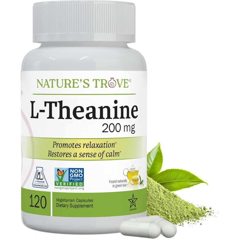 Nature's Trove L-Theanine 200mg vegetarian capsules front product bottle view